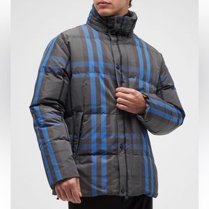 BURBERRY MENS DIGBY BLUE CHECK REVERSIBLE TO GREY PUFFER JACKET SIZE LARGE